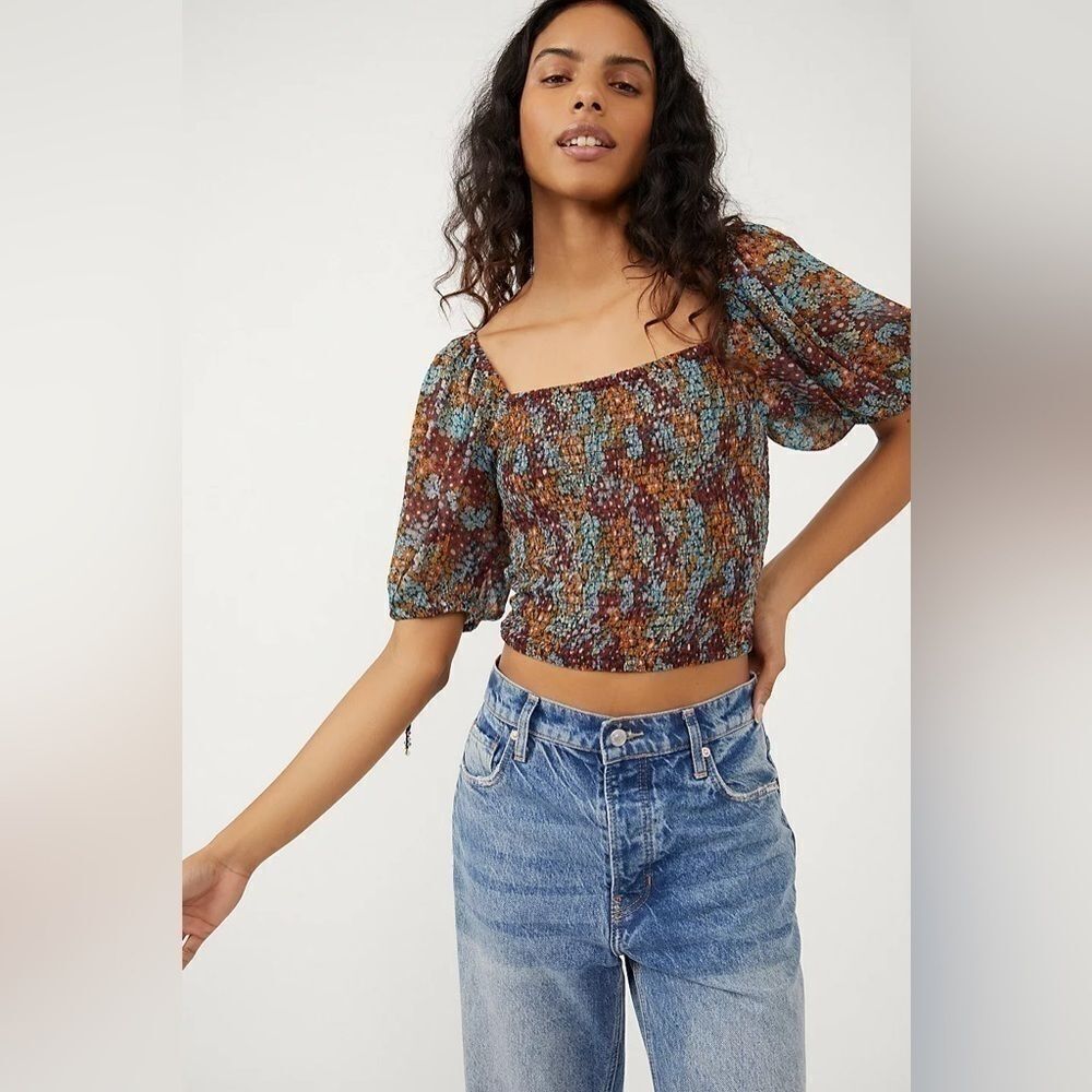 NWT Free People Floral Summer Smocked Crop Top Small Boho S